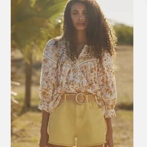 🌼 Anthropologie Harmony Lace Peasant Blouse • Yellow/Brown/Pink Floral • Medium